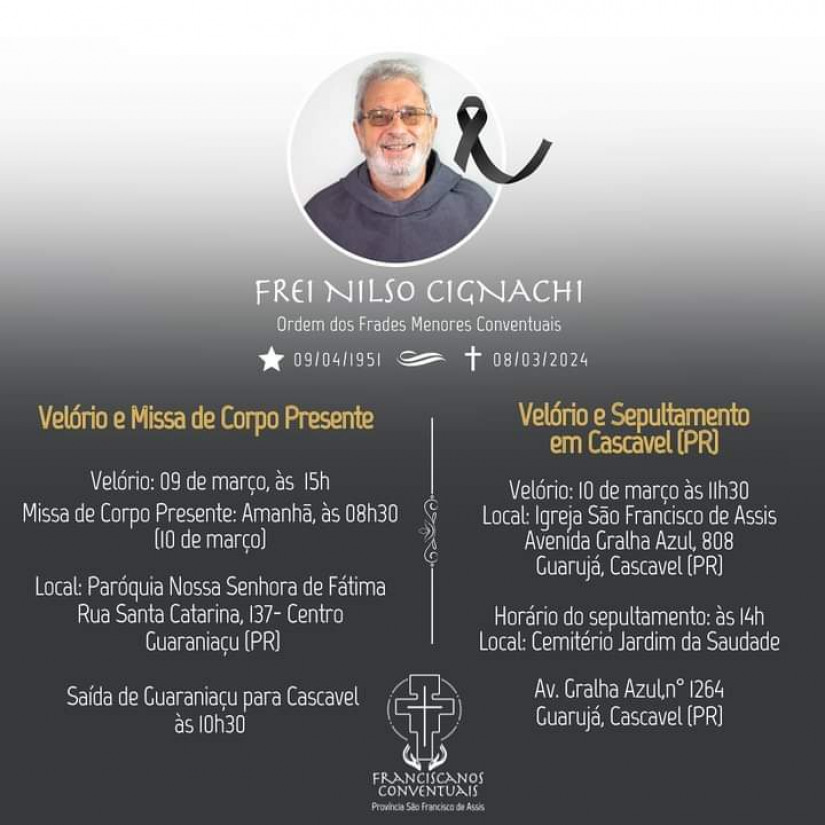 Frei Nilso Antônio Cignachi será velado em Guaraniaçu e sepultado em Cascavel 